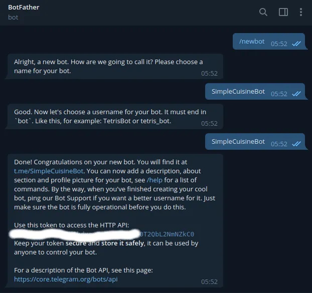 Creating a bot with BotFather